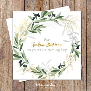Custom Name Baptism Card. Olive Wreath Christening Card. Baptism Gift Boy. Christening Gift For Girls. Baby Baptism Card. Dedication Card