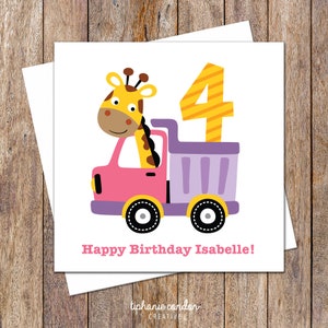 Giraffe Birthday Card. Age Birthday Card. Personalised Birthday Card Girl. Girls Birthday Cards. Girl Truck Birthday Card. First Birthday