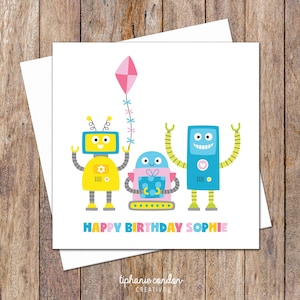 Tarjeta de cumpleaños para niños robot. Tarjetas de cumpleaños personalizadas con nombre. Tarjeta de cumpleaños infantil. Tarjeta de cumpleaños para niña. Tarjeta de primer cumpleaños. Tarjeta de cumpleaños infantil.