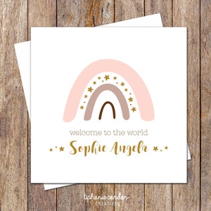 Tarjeta de bienvenida al mundo para bebé. Tarjeta personalizada con nombre. Tarjeta arcoíris para niña. Tarjeta para nuevos padres. Tarjeta de felicitaciones por el bebé. Tarjeta para un dulce bebé.