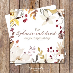 Herbstlaub-personalisierte Hochzeits-Karte. Florale Hochzeitskarte. Guten Laune Hochzeit Karte. Personalisierte Verlobungs Karte. Glückwunschkarte.