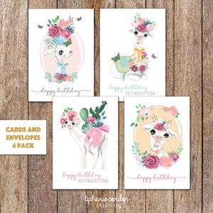 Lama Birthday Cards Pack. Set of 4 Cards. Floral Lama Birthday Cards. Animal Birthday Card. Female Birthday Card. Cute Birthday Cards Alpaca