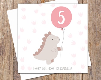 Tarjeta de cumpleaños de dinosaurio. Tarjetas de cumpleaños personalizadas por edad. Tarjeta de cumpleaños infantil. Tarjeta de cumpleaños para niña. Tarjeta de primer cumpleaños de dinosaurio. Cumpleañera adorable.