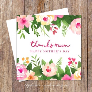 Mother's Day Card. Thanks Mum Card. Floral Card For Mum. Mother's Day Gift Card. Pretty Mother's Day Cards. Thank You Card Mum. Flower Card