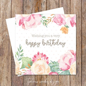 Pink Floral Happy Birthday Card. Birthday Cards Female. Birthday Card Mum. Birthday Card For Her. Flower Birthday Card. Birthday Cards Wife