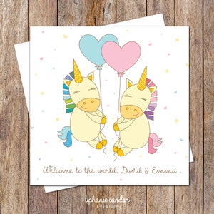 Tarjetas para gemelos recién nacidos. Tarjeta personalizada para gemelos. Tarjetas para gemelos recién nacidos. Tarjeta de felicitación. Tarjetas de gemelos unicornio. Tarjeta para nuevos padres.