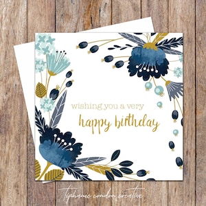 Happy Birthday Card. Blue Gold Bloemen Verjaardagskaart. Verjaardagskaart Mum. Verjaardagskaart voor haar. Flower Verjaardagskaart. Verjaardagskaarten Vrouw