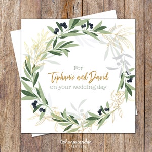 Personalisierte Hochzeitskarte. Personalisierte Hochzeitskarte. Hochzeitskarte mit olivgrünen Blättern. Hochzeitsglückwünsche. Hochzeitsgeschenk. Florale Blatt-Hochzeitskarte