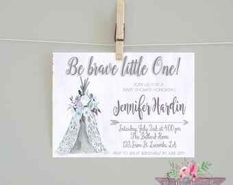 Teepee Baby Shower/Tribal Teepee Baby Shower/Be Brave Little One/Tribal Invitation/Teepee invitation/ Arrow Invitation