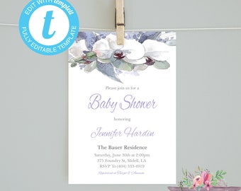 Baby shower invitation/Purple Floral Baby Shower Invitation /Flower Invitation/Editable Invitations/ Purple flower/ Baby Shower Invitation