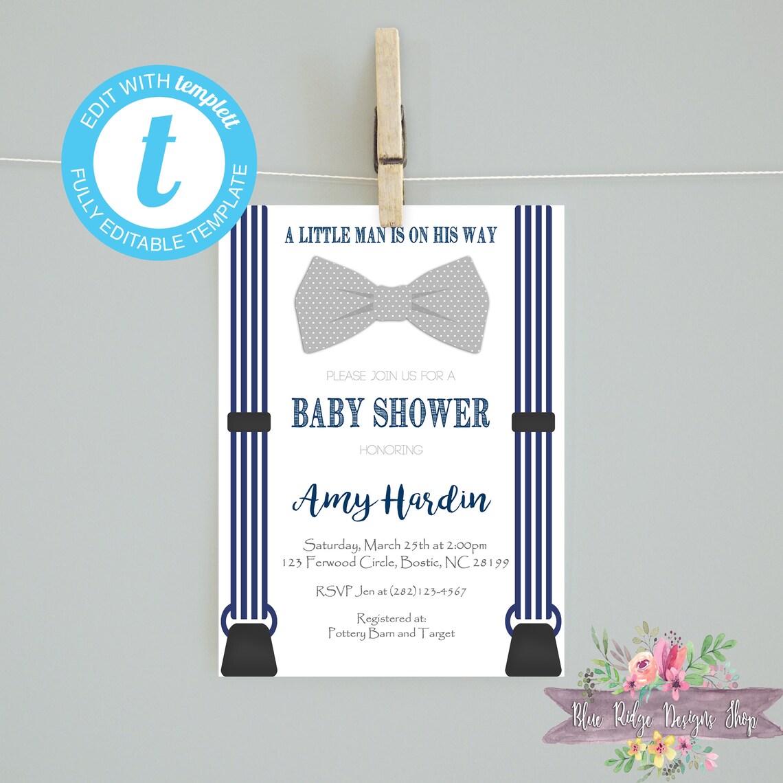 Editable Invitation/suspender Baby Shower Invitation / Navy Grey Bow ...