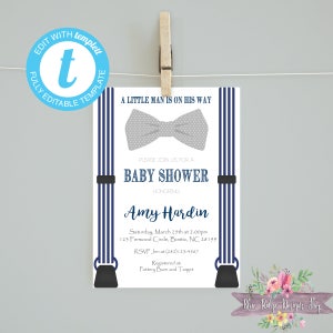 Editable Invitation/suspender Baby Shower Invitation / Navy Grey Bow ...
