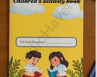 May include: A yellow children's activity book with the text "Children's activity book" and a space to write "This book belongs to:". The cover features illustrations of children reading books, clouds, and grass. Crayons and markers are scattered around the book.