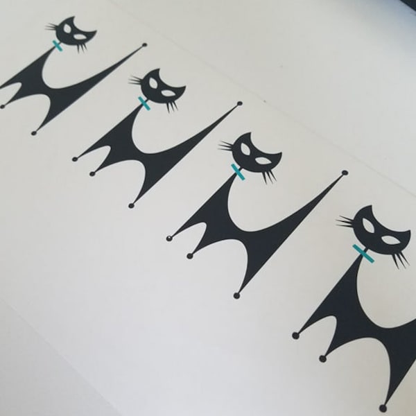 Atomic Kitty Black Cat Decal MCM Mid Century Modern Set of 4