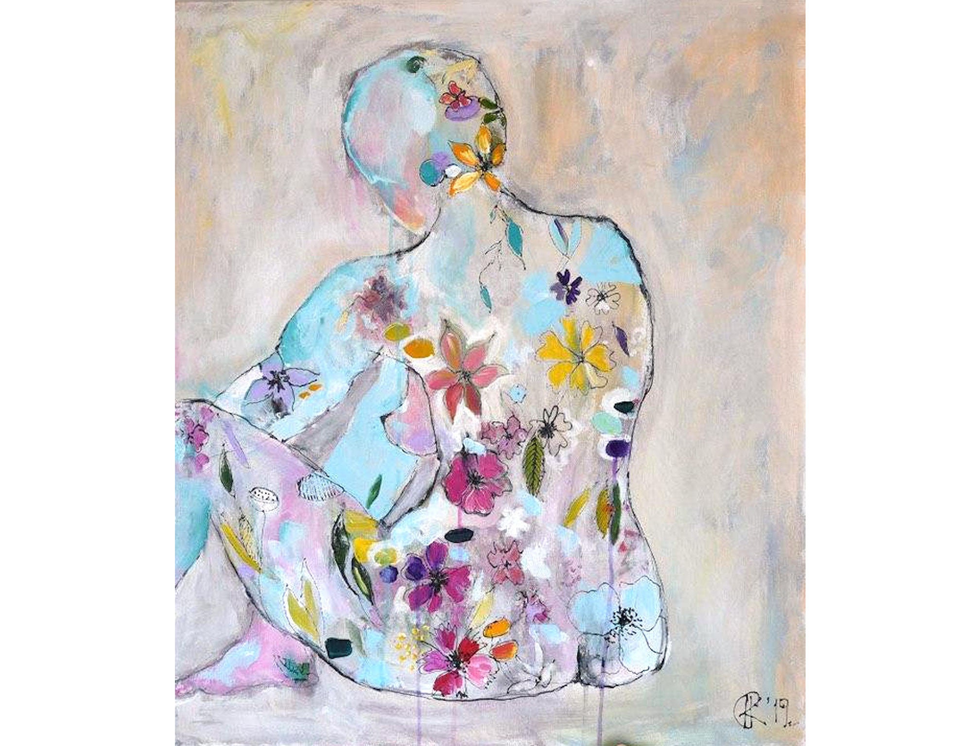 Flowers Girl Artwork Original Acrylic Painting Nudity Art Abstract Girl