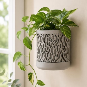 May include: A light gray wall-mounted planter featuring a complex, organic, web-like cutout pattern on its exterior. The cylindrical container holds a trailing green pothos plant with variegated leaves, showcasing a smooth base and rim.