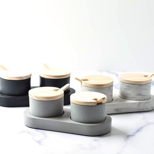 Concrete Salt and Pepper Cellar Set with Lids and Tray, Salt Pinch Bowl, Pepper, Salt Pot, Kitchen Gifts, Salt Cellar with Spoon, Minimalist