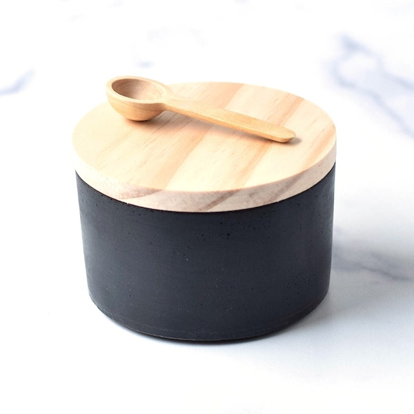 Concrete Salt Cellar with Wood Lid - Salt Pinch Bowl - Salt Pig - Sugar Bowl - Modern Decor - Salt Box - Kitchen Gift - Minimalist