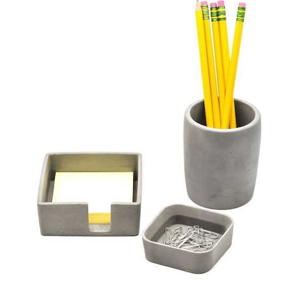 Desk Accessories Set - Post-It Holder - Pen Cup - Desk Organizer - Desk Set - Minimalist - Cement - Home Office - Paper Clip Holder