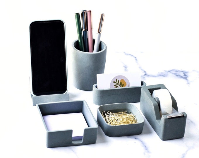Handmade Concrete Desk Organizer Set – Modern Office Accessories, 6 Piece