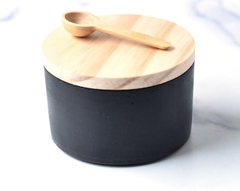Concrete Salt Cellar with Wood Lid - Salt Pinch Bowl - Salt Pig - Sugar Bowl - Modern Decor - Salt Box - Kitchen Gift - Minimalist