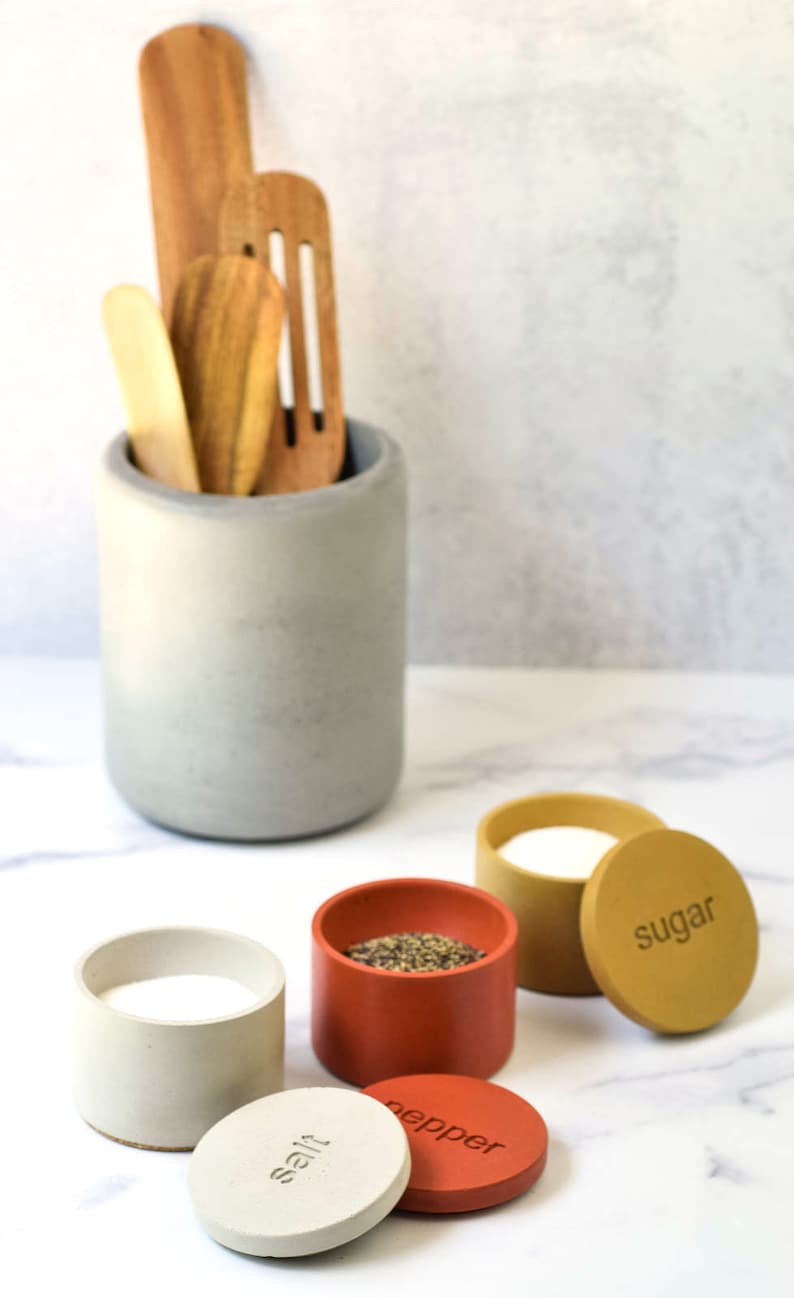 Concrete Salt Pepper Sugar Bowls, Salt Cellar with Lid, Spice Bowl, Kitchen Accessories, Modern Farmhouse, Minimalist Home, Salt Box, Cement image 5