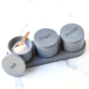 Modern Concrete Spice Cellars Set: Salt, Pepper, Sugar with Tray and Lids, Concrete Salt Cellar, Sugar Bowl, Kitchen Gift