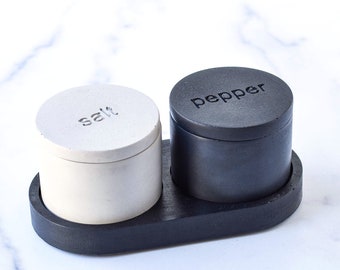 Handmade Concrete Salt & Pepper Set with Lids and Tray, 22 Color Options, Kitchen Accessories