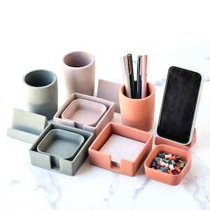 Desk Organizer Set, Concrete Desk Accessories, Pen Holder, Sticky Note Holder, Phone Holder, Minimalist Office Decor, Modern Desk Set