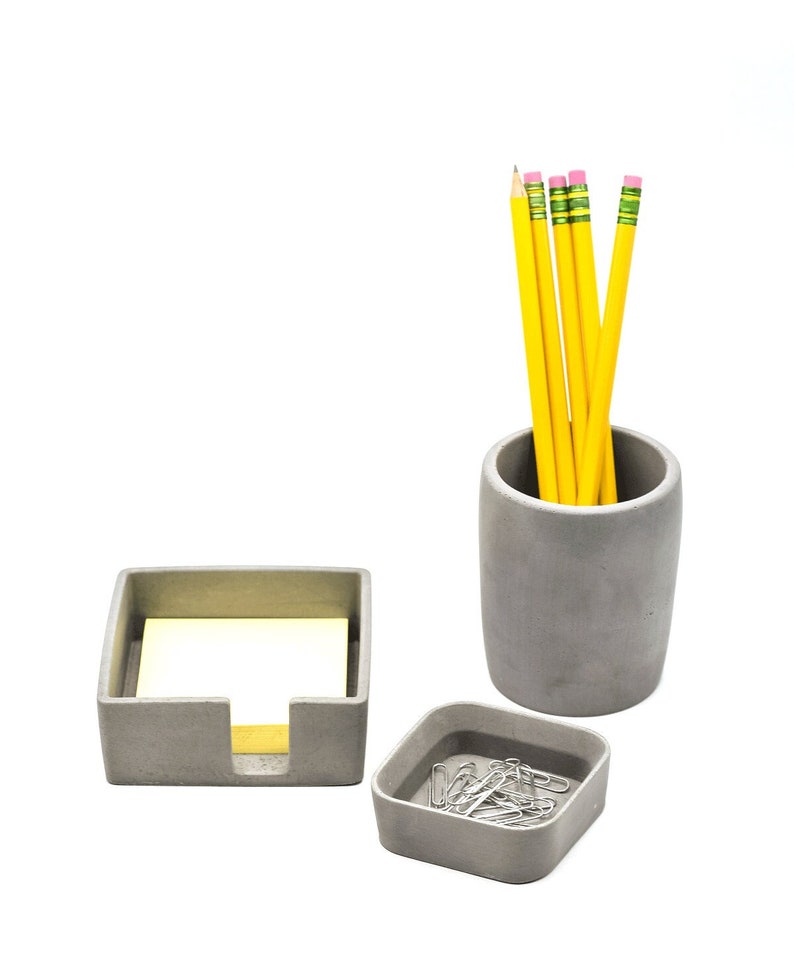 Desk Accessories Set Post-It Holder Pen Cup Desk Organizer Desk Set Minimalist Cement Home Office Paper Clip Holder image 1