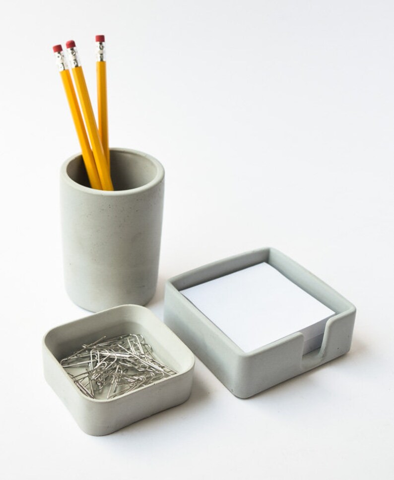 Desk Accessories Set Post-It Holder Pen Cup Desk Organizer Desk Set Minimalist Cement Home Office Paper Clip Holder image 3