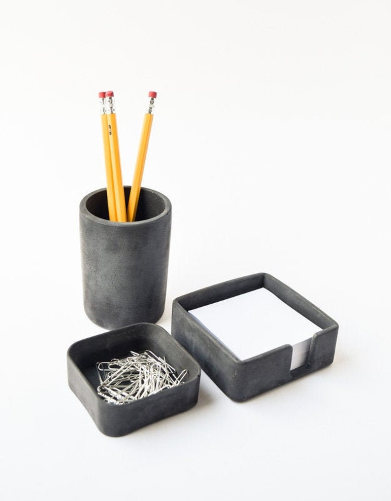 Desk Accessories Set Post-It Holder Pen Cup Desk Organizer Desk Set Minimalist Cement Home Office Paper Clip Holder image 2