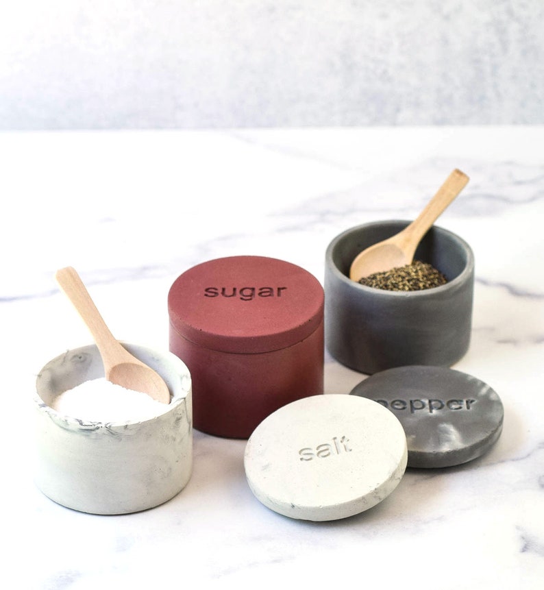 Concrete Salt Pepper Sugar Bowls, Salt Cellar with Lid, Spice Bowl, Kitchen Accessories, Modern Farmhouse, Minimalist Home, Salt Box, Cement image 3