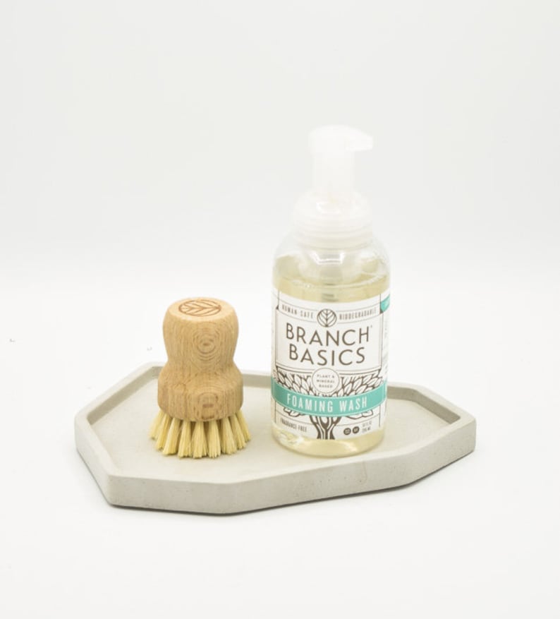 May include: A white ceramic tray with a wooden brush and a clear bottle of Branch Basics Foaming Wash. The bottle has a white label with green text that reads "Branch Basics Foaming Wash".