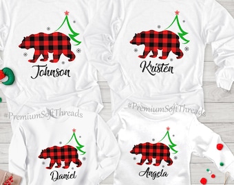 Family Christmas Bear Long Sleeve Shirts, Christmas Matching Bear Sweatshirts, Family Bear Shirts, Christmas Holiday Shirts, Buffalo Plaid