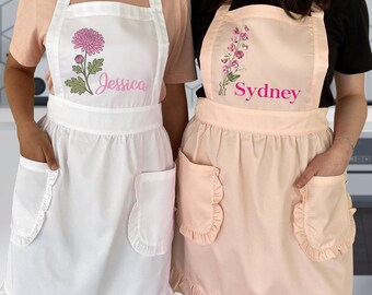 Birth Flower Apron with Name - Floral Ruffles with Pockets