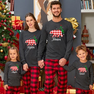 Custom Matching Family Christmas Long Sleeve Shirt, Bear Family Shirt, Plaid Bear Long Sleeve, Mama Bear Plaid Shirt, Plaid Christmas Shirt