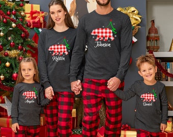 Custom Matching Family Christmas Long Sleeve Shirt, Bear Family Shirt, Plaid Bear Long Sleeve, Mama Bear Plaid Shirt, Plaid Christmas Shirt