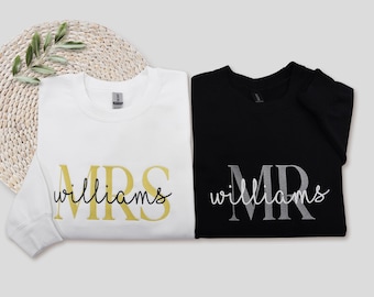 Custom Embroidered Mr Mrs Sweatshirt, Date On Sleeve, Hubby Wifey, Gift For Bride, Future Mrs. and Mr. Hoodie, Engagement Gift, Bride To Be