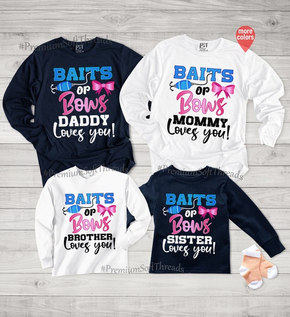 Baits Or Bows Long Sleeve, Matching Family Gender Reveal Shirt, Custom Fishing Themed Baby Reveal Shirt, Baby Announcement Shirt