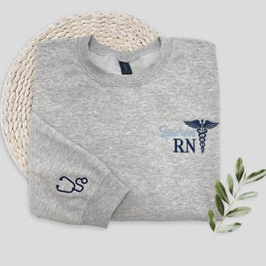Personalized RN Sweatshirt, Custom Embroidered Nurse Crewneck, Nurse Credentials Hoodie with Caduceus, Medical Assistant Pullover, PA, NP