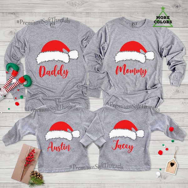 Family Christmas Long Sleeve Shirts, Santa Hat Shirts, Personalized Christmas Long Sleeve Shirts, Matching Christmas Shirts, Santa Hat