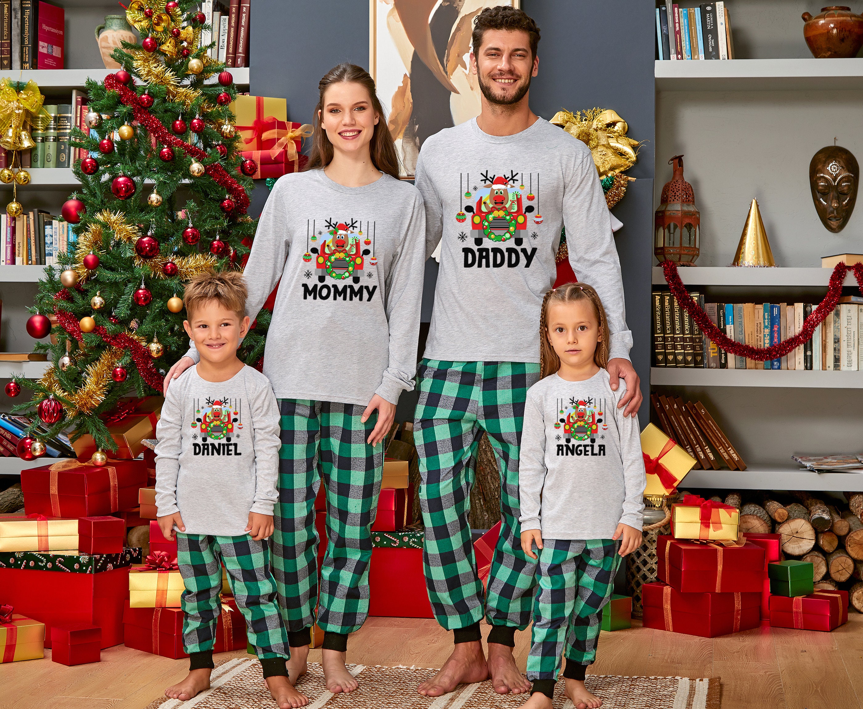 Family Christmas Pjs Matching Sets,Long Sleeve Shirt Cute Snowman Tree Print and Green Plaid Pant Pajamas for Whole Family 