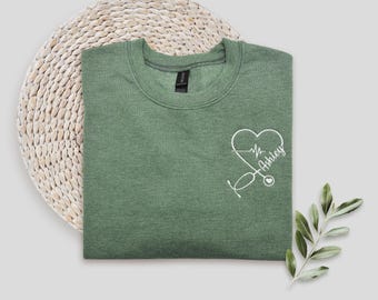Custom Embroidered Nurse Sweatshirt, Nurse Crewneck, Heartbeat Nurse Hoodie, Nurse Pocket Sweatshirt, Nurse Life Pullover, Gift for Nurses