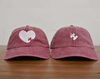 Embroidered Heart & Puzzle Piece Hat: Matching Couple Caps