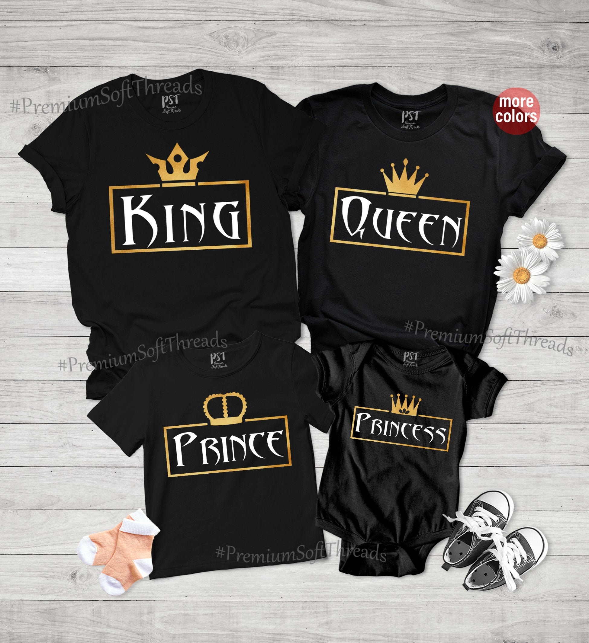 Prince and Princess T-shirts set with white text on the back Queen Family King 