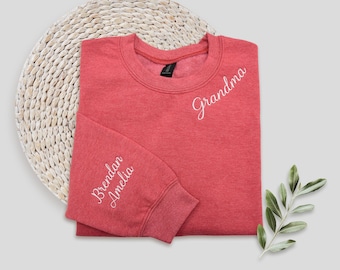 Custom Embroidered Grandma Sweatshirt, Grandkids Names on Sleeve, Mothers Day Gift, New Grandma Sweater, Embroidery Grandmother Hoodie