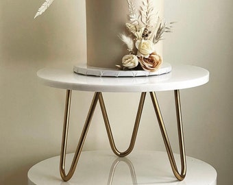 Modern acrylic hairpin cake stand - hairpin leg cake stand - Acrylic cake platform - white and gold stand - birthday cake display - Pinnacle