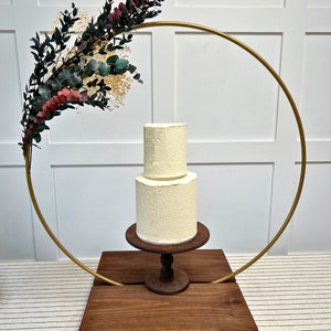 The Floral Hoop Stand Floral Cake Stand Oak Wood Cake Display Cake Stand Hoop Stand Satin Gold Woodgrain Stand image 1