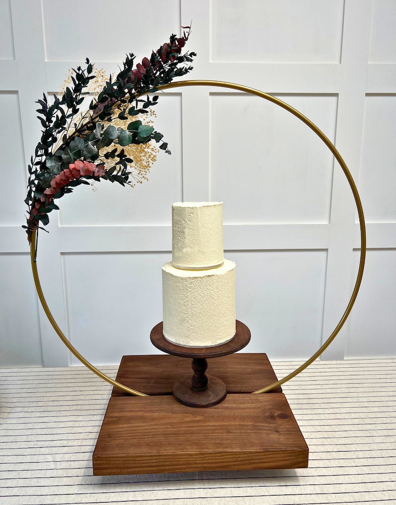 The Floral Hoop Stand Floral Cake Stand Oak Wood Cake Display Cake Stand Hoop Stand Satin Gold Woodgrain Stand image 1